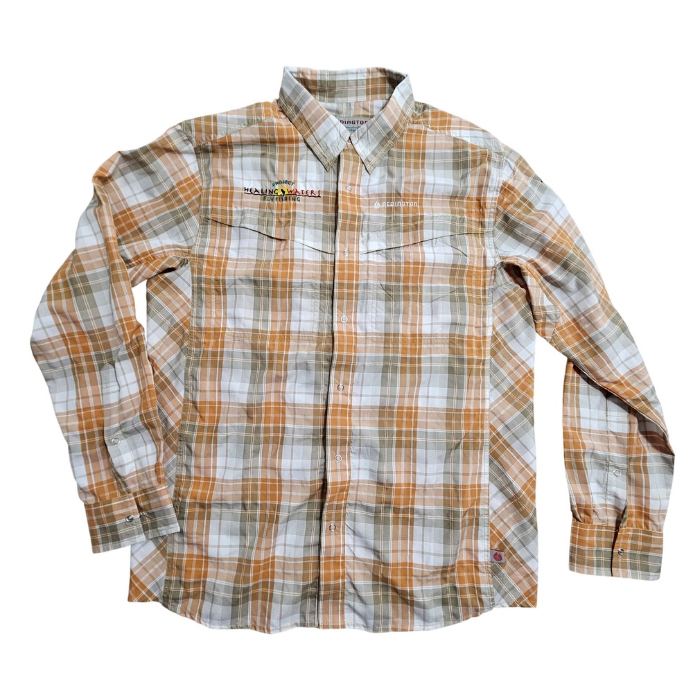 Redington Fly Fishing Shirt Mens M Orange Plaid Long Sleeve Vented Snap Button *
